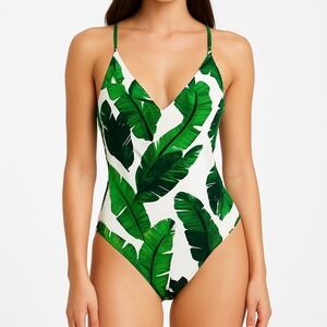 Cupshe Tropical Banana Leaf One Piece Swimsuit V Neck Criss Cross Women's Medium